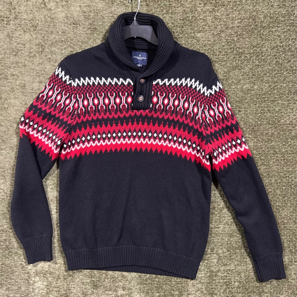 American Eagle Sweater Mens Large Navy Blue Fair Isle Shawl Neck Button Pullover